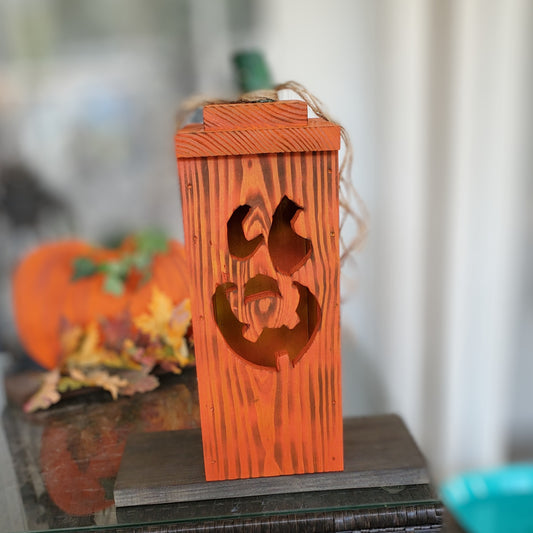 Handcrafted Wooden Jack-O-Lantern with Flickering LED Lights - Halloween Decor