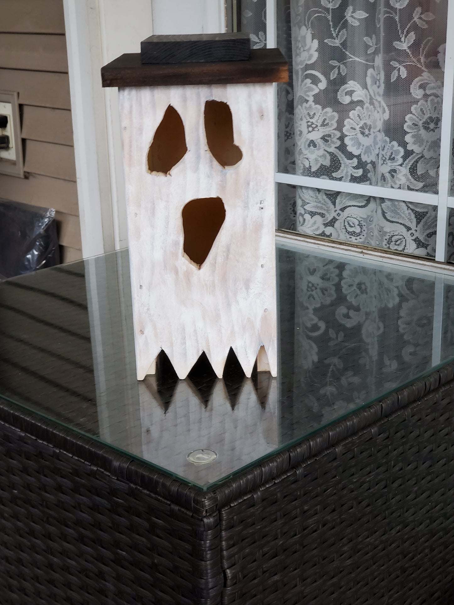 Handcrafted Wooden Ghost 👻 with Flickering LED Light - Halloween Decor